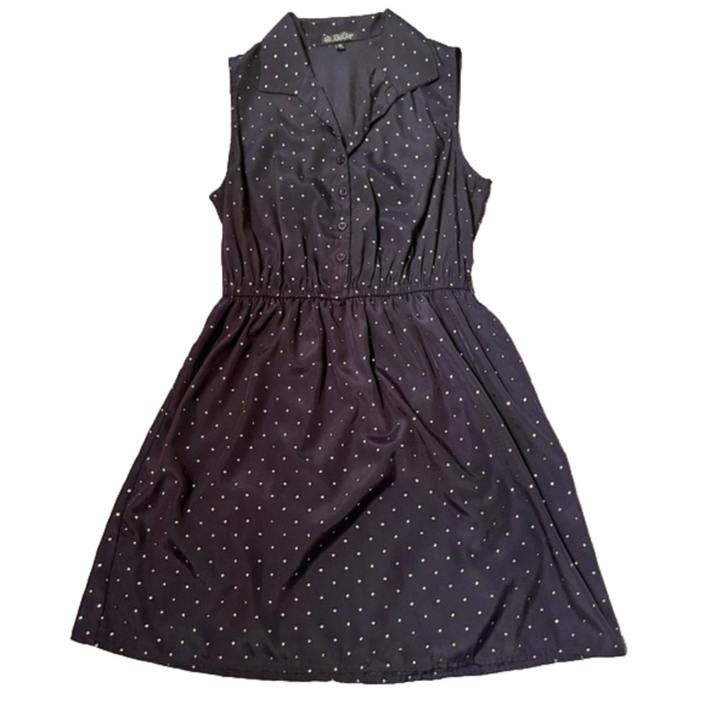 BEBOP Navy/Gold Polkadot A-Line Collar Button-up Sleeveless Mini Dress